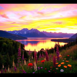 A stunning landscape showing a vibrant sunset over a serene lake, surrounded by majestic mountains in the background