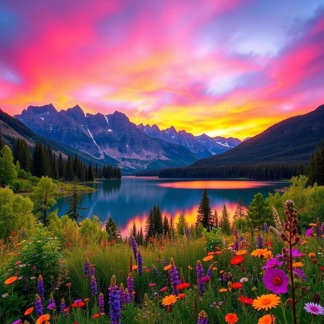 A stunning landscape showing a vibrant sunset over a serene lake, surrounded by majestic mountains in the background