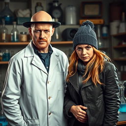 A scene inspired by a famous TV series, portraying a bald man who resembles Walter White in a white lab coat with a black hat, confidently standing in a lab filled with scientific equipment