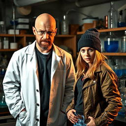 A scene inspired by a famous TV series, portraying a bald man who resembles Walter White in a white lab coat with a black hat, confidently standing in a lab filled with scientific equipment