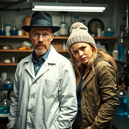 A scene inspired by a famous TV series, portraying a bald man who resembles Walter White in a white lab coat with a black hat, confidently standing in a lab filled with scientific equipment