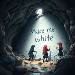 A group of Iranian schoolgirls wearing traditional school uniforms and hijabs are trapped in a dark, mysterious cave