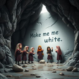 A group of Iranian schoolgirls wearing traditional school uniforms and hijabs are trapped in a dark, mysterious cave