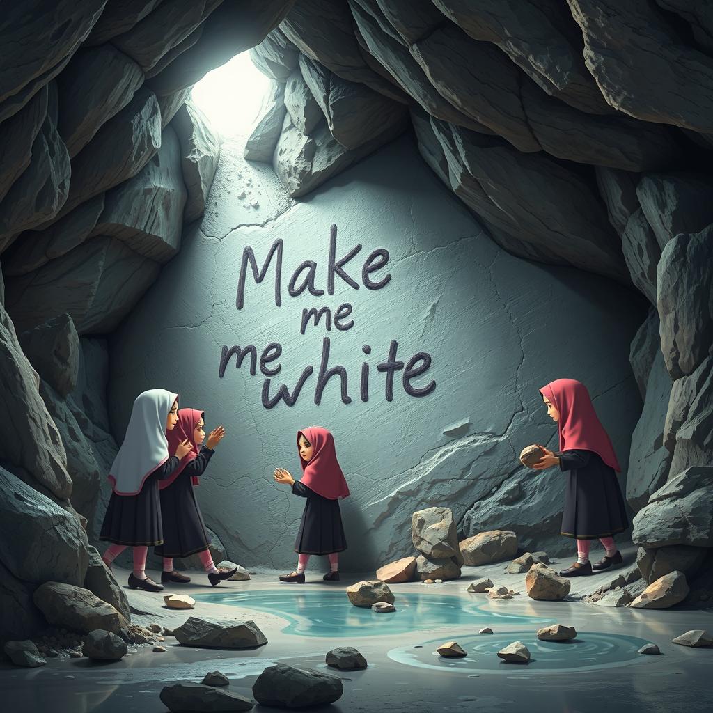 A group of Iranian schoolgirls wearing traditional school uniforms and hijabs are trapped in a dark, mysterious cave