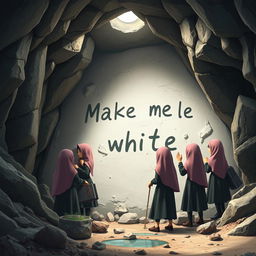 A group of Iranian schoolgirls wearing traditional school uniforms and hijabs are trapped in a dark, mysterious cave