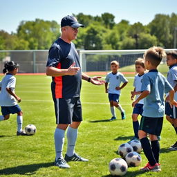 A dynamic scene showcasing a soccer coach passionately instructing a diverse group of young players on a sunny day at a well-maintained soccer field
