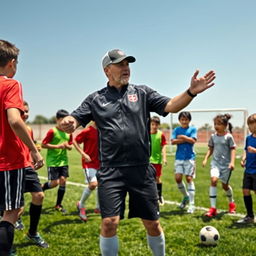 A dynamic scene showcasing a soccer coach passionately instructing a diverse group of young players on a sunny day at a well-maintained soccer field