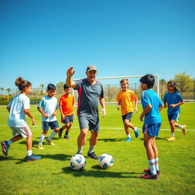 A dynamic scene showcasing a soccer coach passionately instructing a diverse group of young players on a sunny day at a well-maintained soccer field