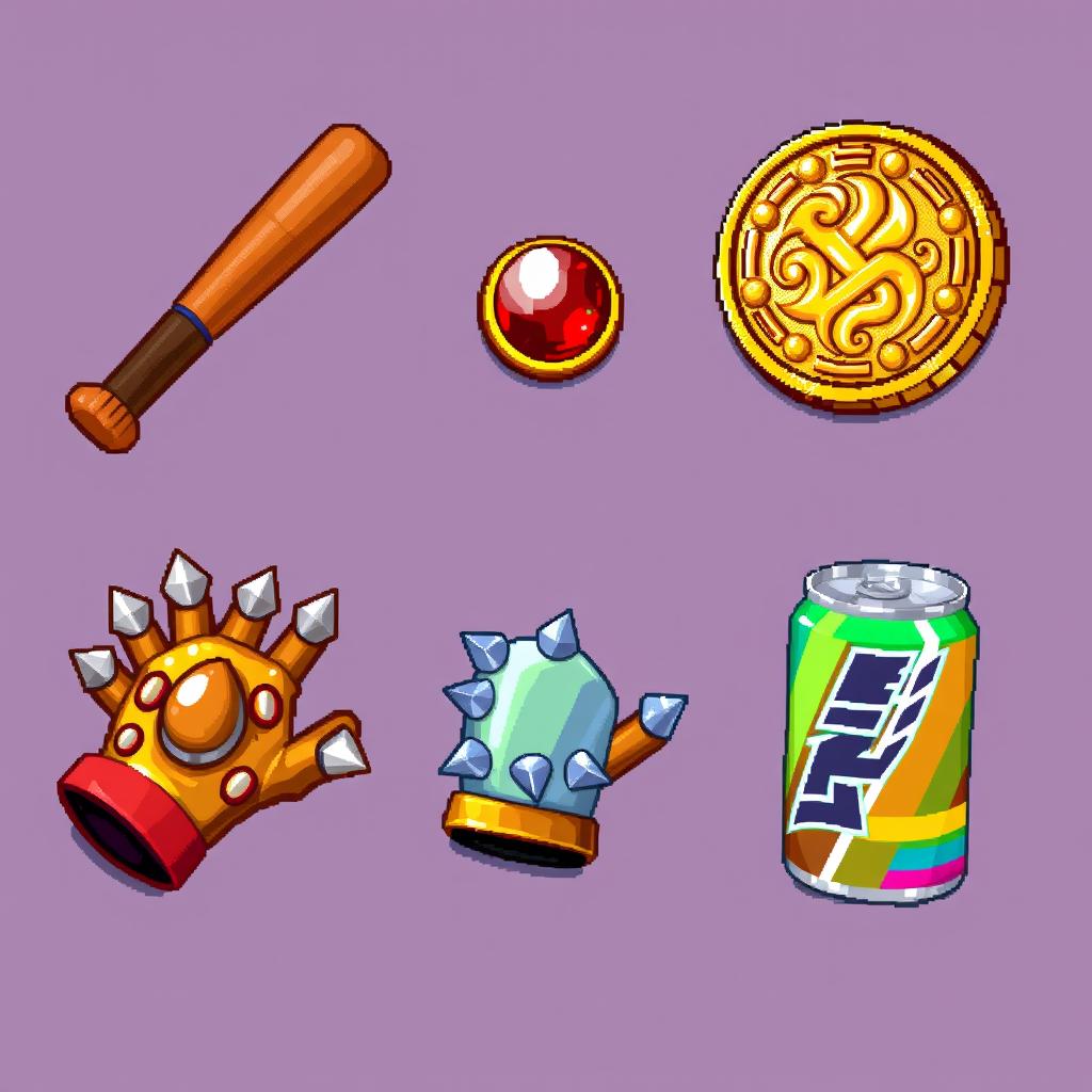 A collection of 32x32 pixel art items in vibrant colors, showcasing a retro RPG style