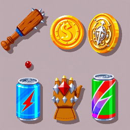 A collection of 32x32 pixel art items in vibrant colors, showcasing a retro RPG style