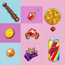 A collection of 32x32 pixel art items in vibrant colors, showcasing a retro RPG style