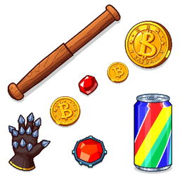 A collection of 32x32 pixel art items in vibrant colors, showcasing a retro RPG style