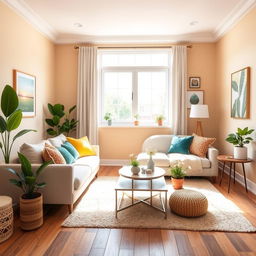 A bright and inviting living room design concept, showcasing a fresh paint color scheme with warm, neutral tones