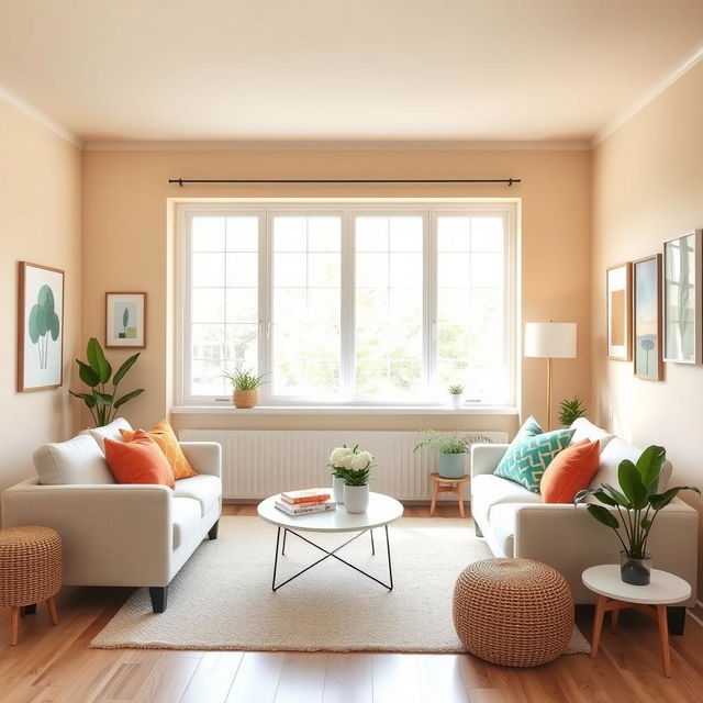 A bright and inviting living room design concept, showcasing a fresh paint color scheme with warm, neutral tones