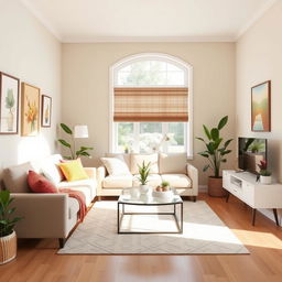 A bright and inviting living room design concept, showcasing a fresh paint color scheme with warm, neutral tones