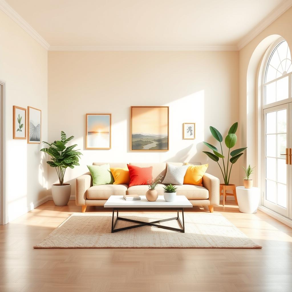 A bright and inviting living room design concept, showcasing a fresh paint color scheme with warm, neutral tones