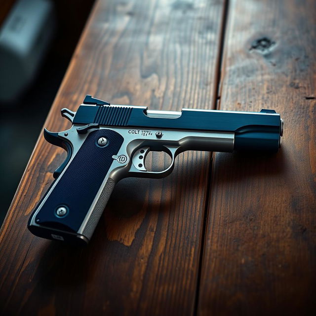 An artistic depiction of a Colt 1911 handgun with a unique design, featuring a combination of navy blue and silver parts