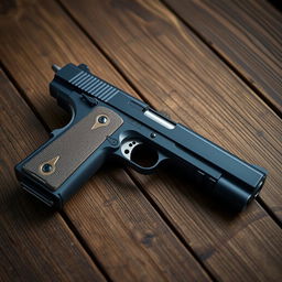 An artistic depiction of a Colt 1911 handgun with a unique design, featuring a combination of navy blue and silver parts