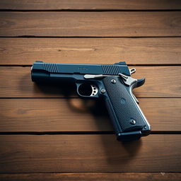 An artistic depiction of a Colt 1911 handgun with a unique design, featuring a combination of navy blue and silver parts