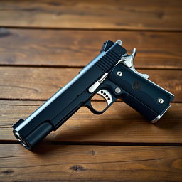 An artistic depiction of a Colt 1911 handgun with a unique design, featuring a combination of navy blue and silver parts