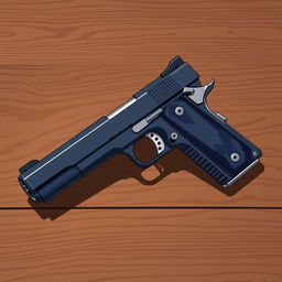 An anime-inspired illustration of a Colt Model 1911 handgun viewed from a 45-degree angle to a brown wooden table