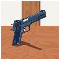 An anime-inspired illustration of a Colt Model 1911 handgun viewed from a 45-degree angle to a brown wooden table