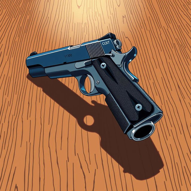 An anime-inspired illustration of a Colt Model 1911 handgun viewed from a 45-degree angle to a brown wooden table