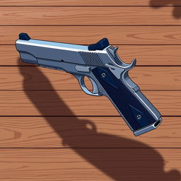 An anime-inspired illustration of a Colt Model 1911 handgun viewed from a 45-degree angle to a brown wooden table
