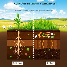 An illustrative diagram showcasing soil density improvement techniques through subsoiling and fertilization