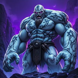 A towering barbarian known as Goliath, featuring striking white rock-like skin adorned with intricate black markings