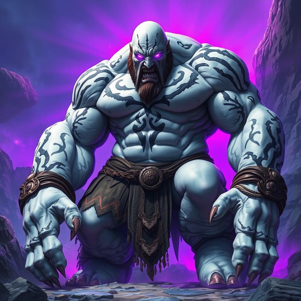 A towering barbarian known as Goliath, featuring striking white rock-like skin adorned with intricate black markings