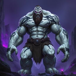 A towering barbarian known as Goliath, featuring striking white rock-like skin adorned with intricate black markings