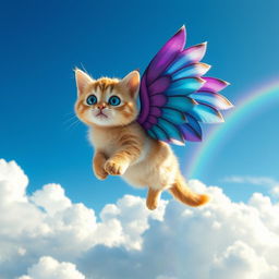 A whimsical cat with large, colorful wings soaring through a bright blue sky