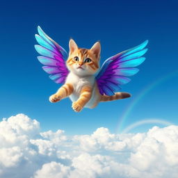 A whimsical cat with large, colorful wings soaring through a bright blue sky