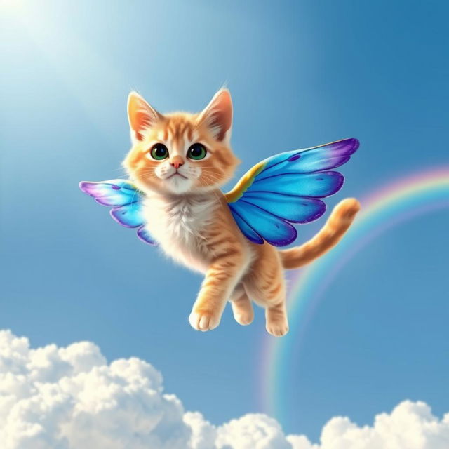 A whimsical cat with large, colorful wings soaring through a bright blue sky