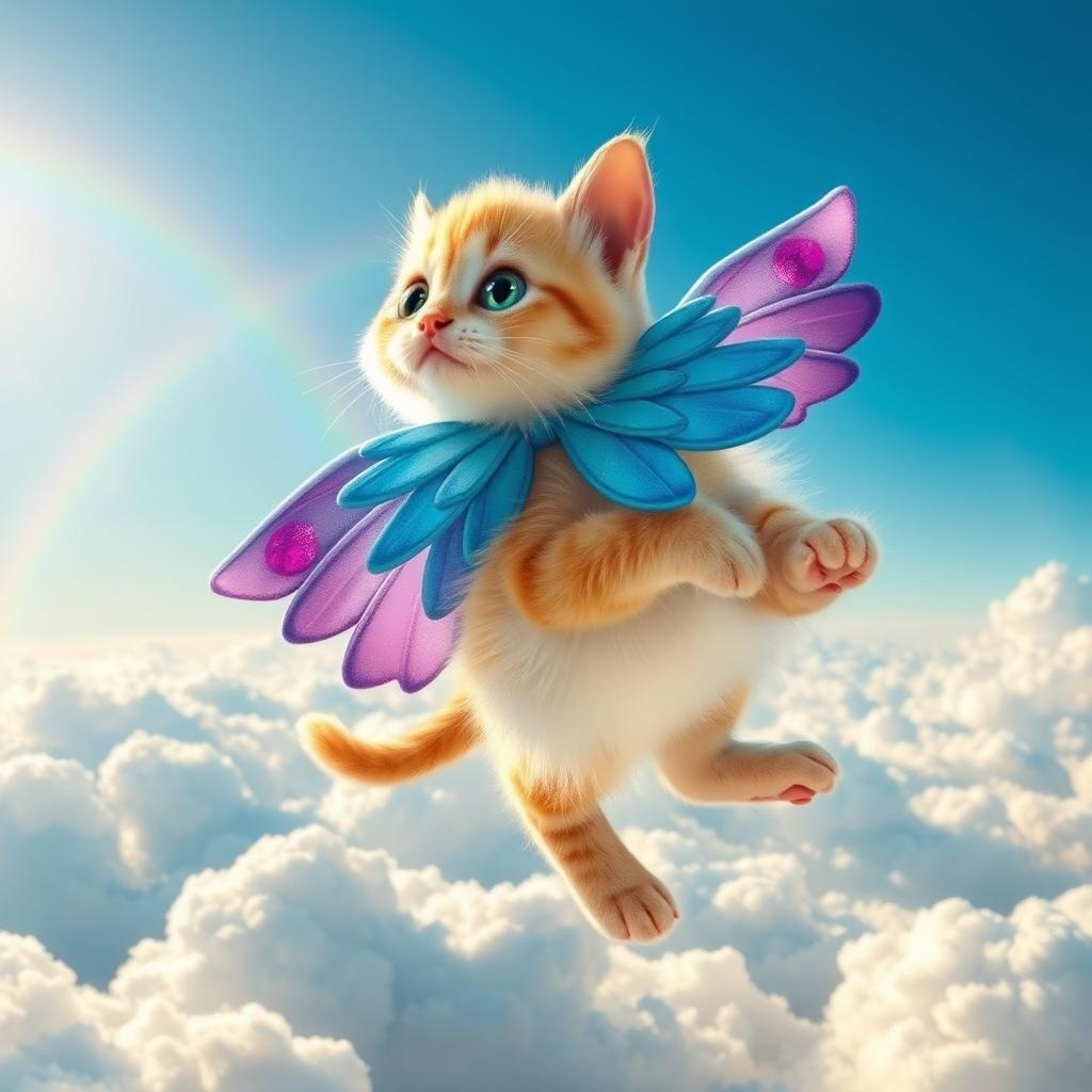 A whimsical cat with large, colorful wings soaring through a bright blue sky