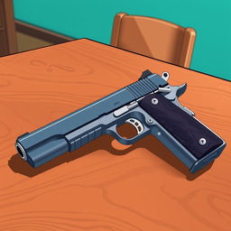 A vibrant anime-inspired illustration showcasing a Colt Model 1911 handgun prominently placed on a brown wooden table, ensuring that the entire table is visible