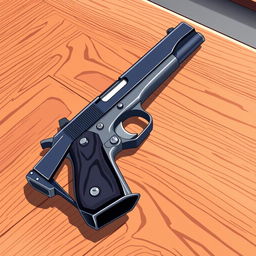 A vibrant anime-inspired illustration showcasing a Colt Model 1911 handgun prominently placed on a brown wooden table, ensuring that the entire table is visible