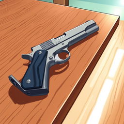 A vibrant anime-inspired illustration showcasing a Colt Model 1911 handgun prominently placed on a brown wooden table, ensuring that the entire table is visible