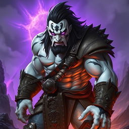 A formidable barbarian known as Goliath, featuring striking white skin adorned with bold black markings