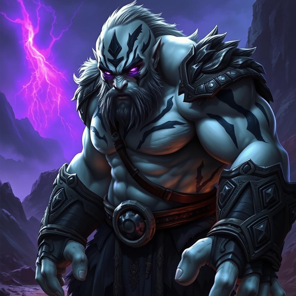 A formidable barbarian known as Goliath, featuring striking white skin adorned with bold black markings