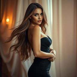 A sensual and alluring portrait of a confident woman with flowing long hair, wearing an elegant and form-fitting evening gown that hugs her curves