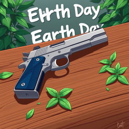 An anime-style illustration featuring a Colt 1911 handgun resting on a brown wooden table, with a distinctive design where some parts are navy blue and others are silver