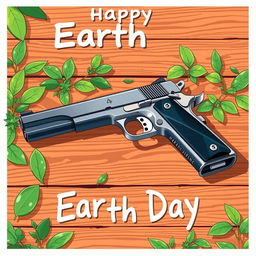 An anime-style illustration featuring a Colt 1911 handgun resting on a brown wooden table, with a distinctive design where some parts are navy blue and others are silver
