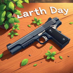 An anime-style illustration featuring a Colt 1911 handgun resting on a brown wooden table, with a distinctive design where some parts are navy blue and others are silver