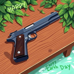An anime-style illustration featuring a Colt 1911 handgun resting on a brown wooden table, with a distinctive design where some parts are navy blue and others are silver