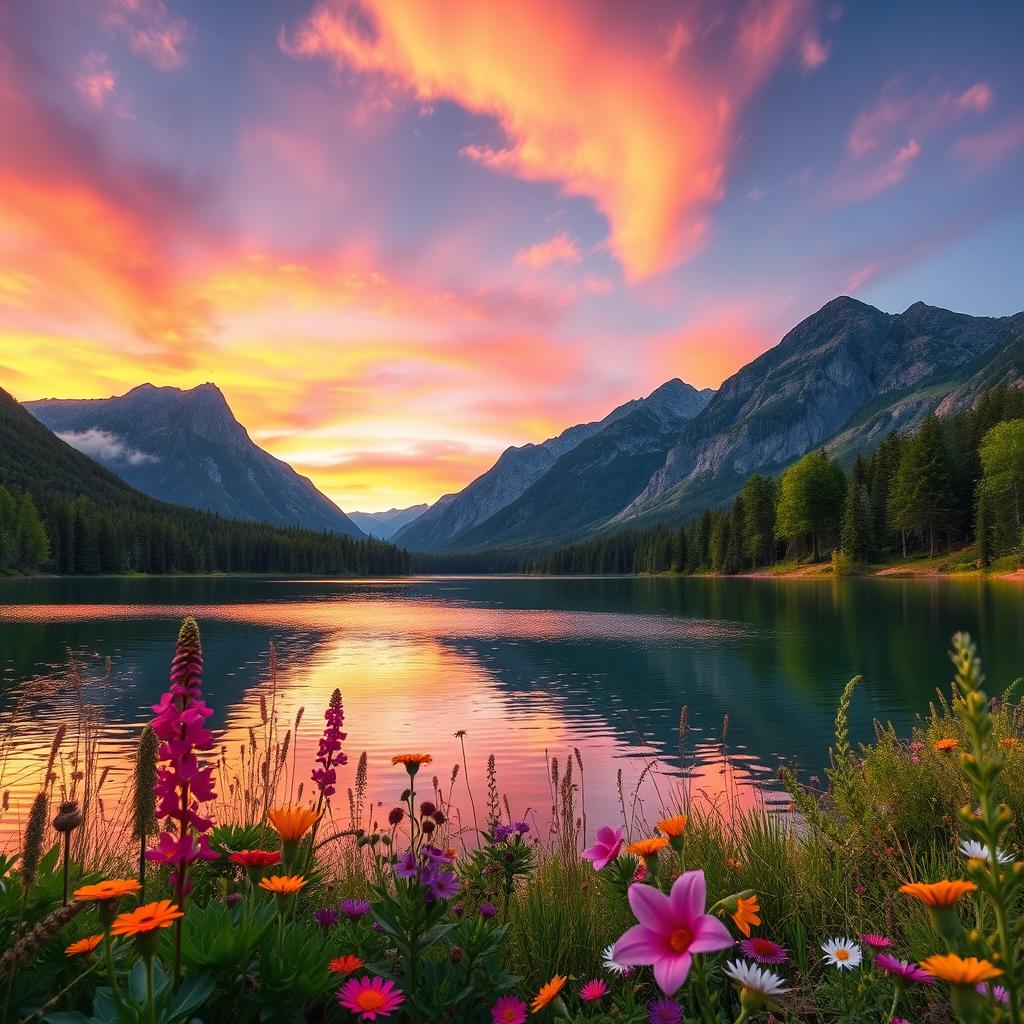 A stunning high-definition landscape featuring a tranquil lake surrounded by majestic mountains