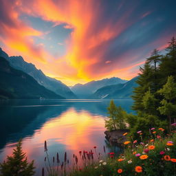 A stunning high-definition landscape featuring a tranquil lake surrounded by majestic mountains