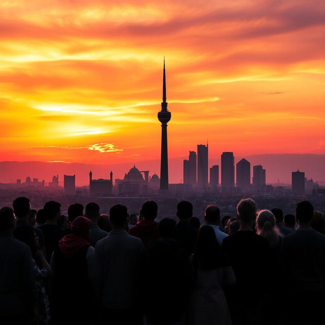 A dramatic image symbolizing the end of an era in Iran, featuring a silhouette of the Tehran skyline at sunset with the Azadi Tower prominently displayed