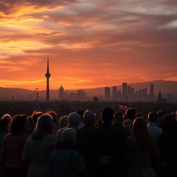 A dramatic image symbolizing the end of an era in Iran, featuring a silhouette of the Tehran skyline at sunset with the Azadi Tower prominently displayed